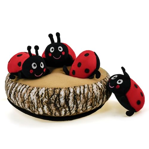 Hide and Seek Dog Toys, Multi-Purpose Interactive Squeaky Toys with Detachable Non-Slip Base, Treat Dispensing & Flying Disc Fetch, Enrichment Toys for Small Medium Large Dogs - color: Trunk Hideout with 4 Ladybirds