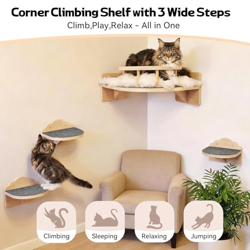Cat Shelves for Wall, Corner Cat Wall Shelf with 3 Wide Steps, Wooden Wall Mounted Cat Shelf for Indoor Cats, 30 lb Capacity, Removable Plush Pads, Cat Climbing Perch Set for Large Cats