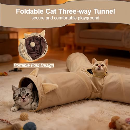 Cat Tunnel 3 Way Collapsible, Cat Ear Design with Crinkle Sound, Indoor Cat Toys Interactive, 4 Peek Holes Pet Play Tube for Cats, Kitten, Puppy, Rabbit, Brown (3-Way Brown Cat Ears) - size: 3-Way Brown Cat Ears