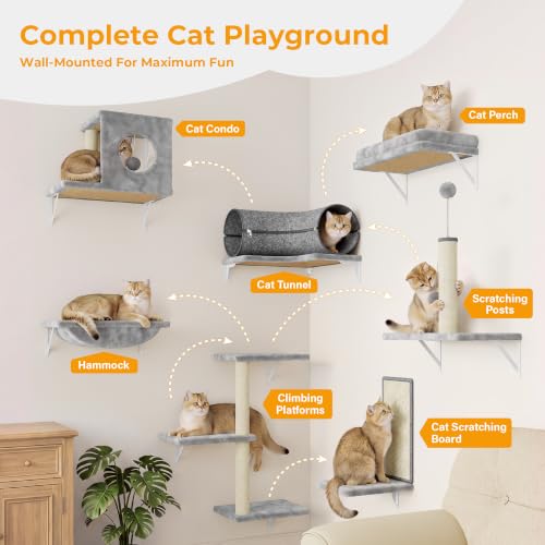 8-in-1 Cat Wall Shelves, Cat Wall Furniture Set - color: Light Grey