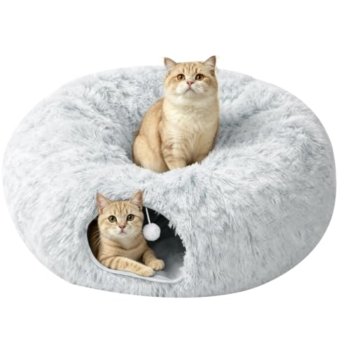 Cat Tunnel Bed for Indoor Cats, Peekaboo Cat Cave Donut Bed & Play Tunnel