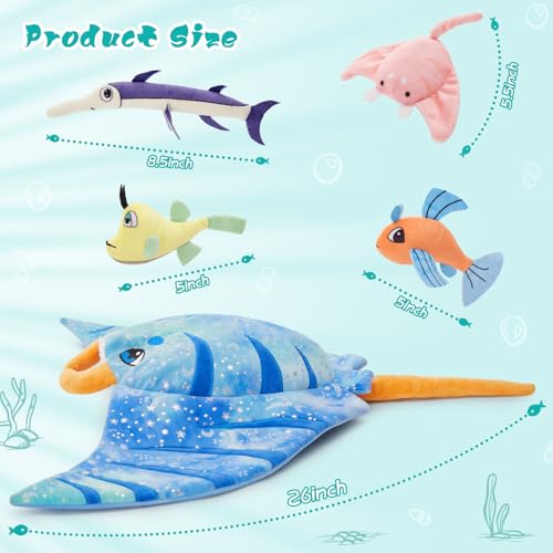 Large Manta Ray Stuffed Animal Set with 4 Fish Plushies, 28 Inches - style: Manta Ray