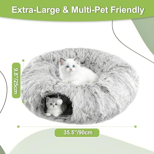 Cat Tunnel Bed for Indoor Cats, Plush Donut Tunnel with Washable Cushion