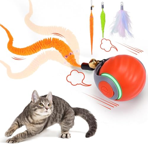 Interactive Cat Toy Ball - Motion-Activated, USB Rechargeable Cat Toys for Indoor Cats with Anti-Scratch Cover & 2 Changeable Tails - Enrichment Toy for Active Cats & Kittens - color: 01 Orange