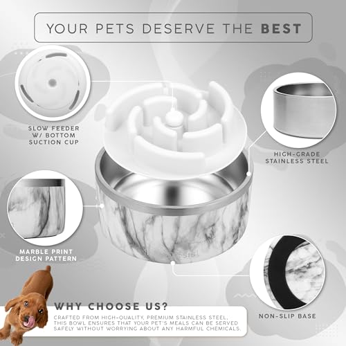 FAHRMOSIS 32 Oz Dog Bowl with Slow Feeder Insert Stainless Steel Pet Water Bowl for Medium & Large Breed Non Slip Rubber Base & Plastic Puzzle Feeder - White Marble - color: White Marble, size: 32 OZ