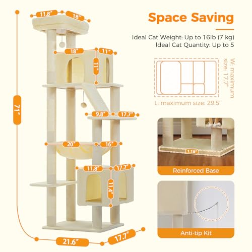 71" Cat Tree for Indoor Cats,Multi-Level Cat Tower with Large Hammock - color: Beige, size: 71 Inches
