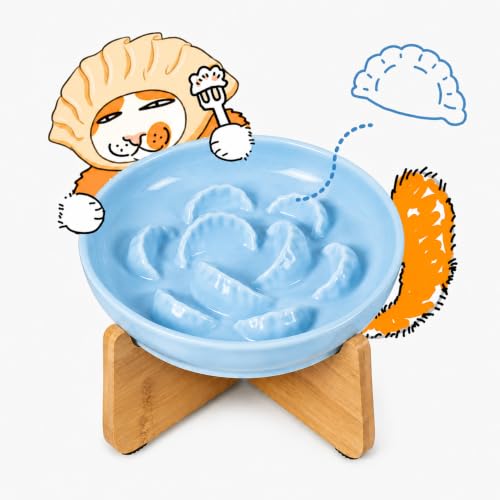 Elevated Slow Feeder Cat Bowl with Bamboo Stand, 6.3'' Ceramic Cat Food Bowl, Raised Whisker Friendly Cat Dish for Wet & Dry Food, Dishwasher Safe Anti-Slip Feeder for Cats & Small Dogs (Blue) - color: Blue with Stand