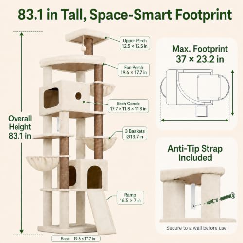 Globlazer Extra Tall Cat Tree for Large Cats, Heavy Duty Tower, F83C - color: Beige