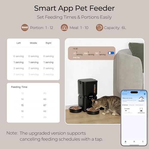 Automatic Cat Feeder for 3 Cats, 6L 2.4G WiFi Feeder, Slow Feed, Black - color: Black