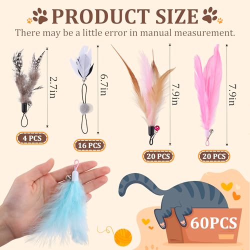 60 Pcs Cat Feather Toy Refills Colorful Attachments, Full-Mix - style: full-mix