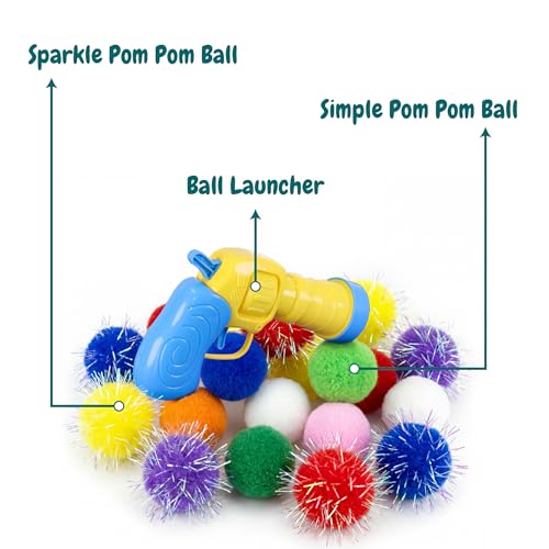 50 Count 1.2 Inches Pom Pom Balls with Cat Ball Launcher, Interactive Cat Toy for Indoor Kittens, 25 Pcs Sparkle and 25 Pcs Simple Pompoms are Included for Exercise, Training & Boredom Relief - size: 3cm With Ball Loumcher