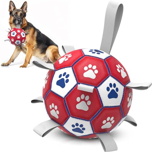 Diman Dog Balls with Straps, 7 Inch Dog Soccer Ball, Herding Ball for Dogs - color: Red, size: 7 Inch