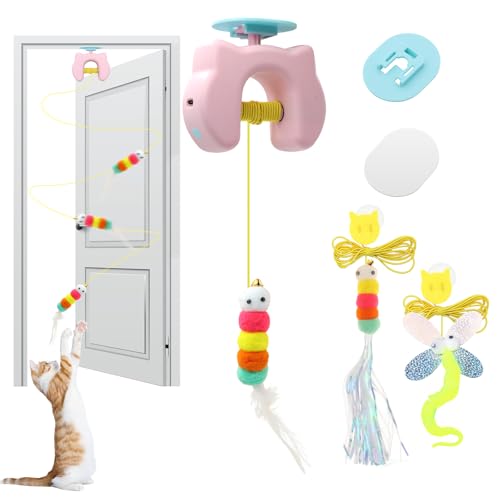 Cat Toys Interactive, Kitten Hanging Toys for Indoor Cats with 1*Caterpillar & 2*Flying Bird Toy, Automatic Door Frame Cat String Toy for Bored Indoor Adult Cats,Detachable,Rechargeable Design - color: Pink