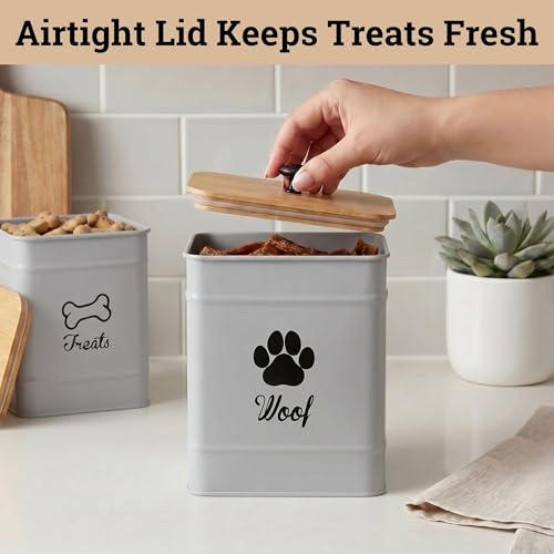 Dog Treat Container Set of 2 with Airtight Bamboo Lids - 8x6 & 7x5 inch - color: Gray - Large