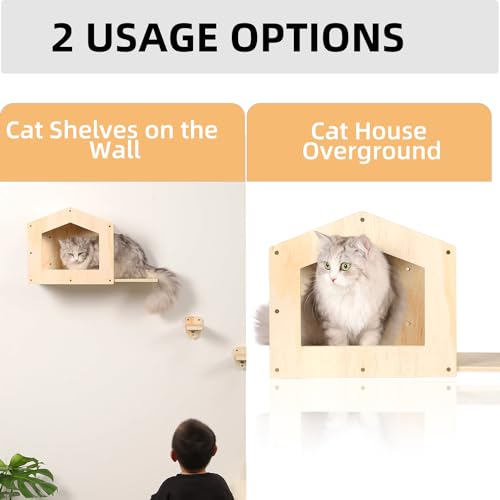 Cat Shelves with 3 Steps Scratching Post and Hammock Bed - Wall Mounted Climbing Condo for Indoor Cats (Wood)