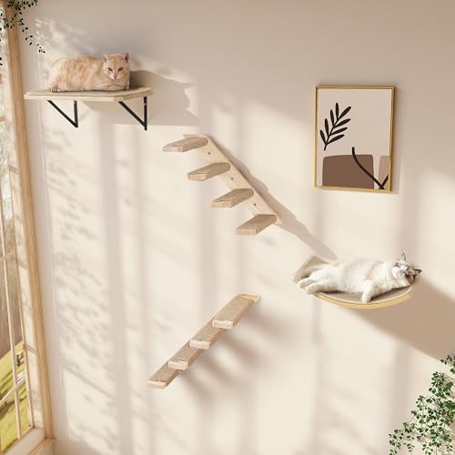 Cat Wall Shelves Set with Sisal Cats Stairs, 4 Piece Wooden Climbing Furniture with Scratchable Curved Bed, Flat Shelf & 2 Cat Wall 4-Steps Ladders - color: Curved Foam, size: Combo 4 in 1