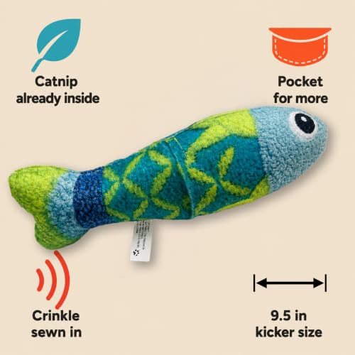 Refillable Catnip Toys for Cats, 9.5 in Crinkle Kicker Fish