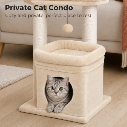 PEQULTI Small Cat Tree Tower for Indoor Cats, Sisal Post & Cozy Condo Beige - color: Beige, size: M(15.7"L x 15.7"W x 26.7"H)