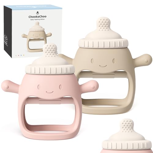 ChooKaChoo 2 Pack Baby Teething Toy for Over 3 Months, Food Grade Silicone Teething Mitten, Anti Dropping Wrist Hand Teethers Baby Chew Toys for Sucking Needs, BPA Free (BabyBottle Pink) - color: BabyBottle Pink