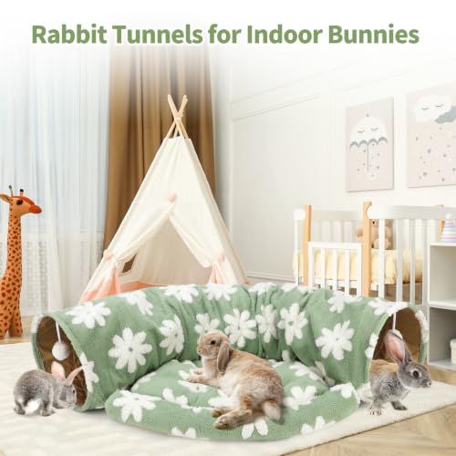 BWOGUE Bunny Tunnel Bed, 2-in-1 Collapsible Rabbit Tunnel Hideout with Mat - color: Flower Green