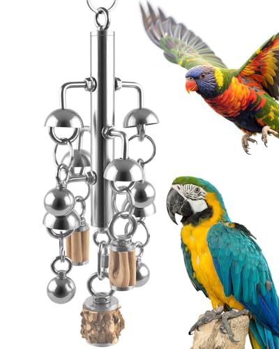KATUMO Large Bird Toys, Natural Wooden and 304 Stainless Steel Bell Toy for Parrots, 1.46 LB Heavy Birds Cage Toy for Amazon Parrot, African Greys, Budgies, Lovebirds, Cockatiels,Cockatoo - color: Silvery