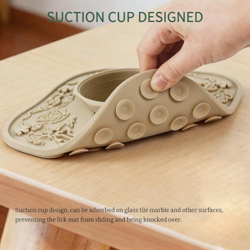 Lick Mat for Dog & Cat, Durable Silicone Licking Mat with Suction Cups, Easy-to-Clean, Chew-Proof, 2-in-1 Slow Feeder Pad Bowl for Dry & Wet Food, Puppy Enrichment Toy for Anxiety Relief, Pet Grooming - color: Khaki