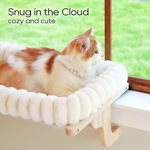 Zakkart SnugCloud Cat Perch for Windowsill (Natural Wood/Cream White, L) - color: Natural Color Wood w/ Cream Bed, size: Large (25"x15")