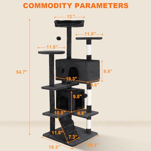 FDW | 54" Cat Tree Tower | Grey | Multi-Level Indoor Activity Center - color: Grey