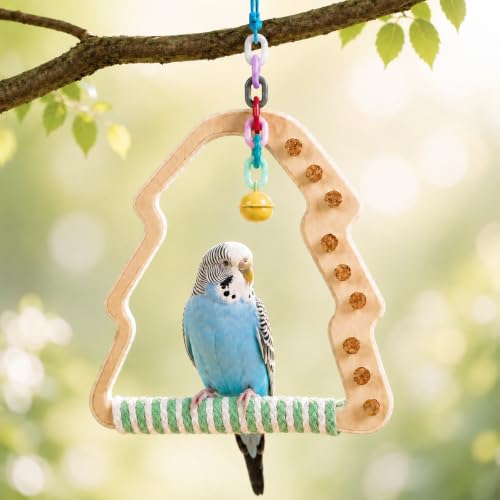 Wooden Parrot Swing Toy, Christmas Tree Shape Bird Perch with Cork Nibbles, Bell, for Budgies, Cockatiels, Conures