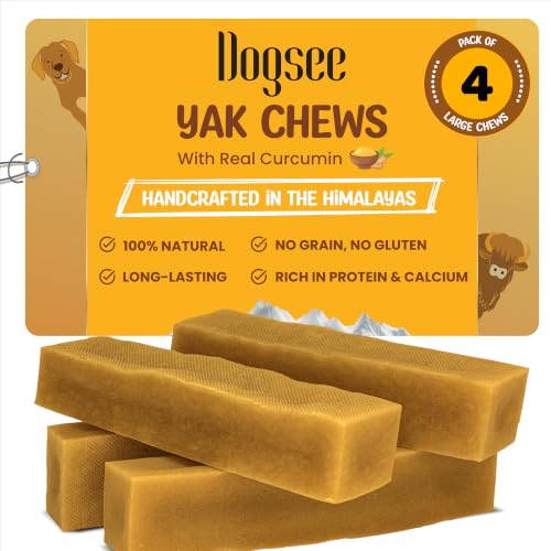Dogsee Yak Chews for Dogs with Turmeric 1lb (Large - 4 Bars) 100% All Natural Treats for Large Breed Dog Chews Long Lasting for Joint Inflammation, 60% Protein Dental Sticks
