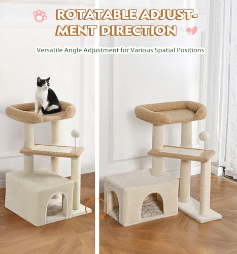 Made4Pets Cat Tree, Carpet Cat Tower Grey for Indoors Cats, Cute Wood Kitty Condo with Scratching Post and Pad, 29" Multi-Level Modern Activity Climbing Furniture for Small and Medium Cats - color: Buff Yellow