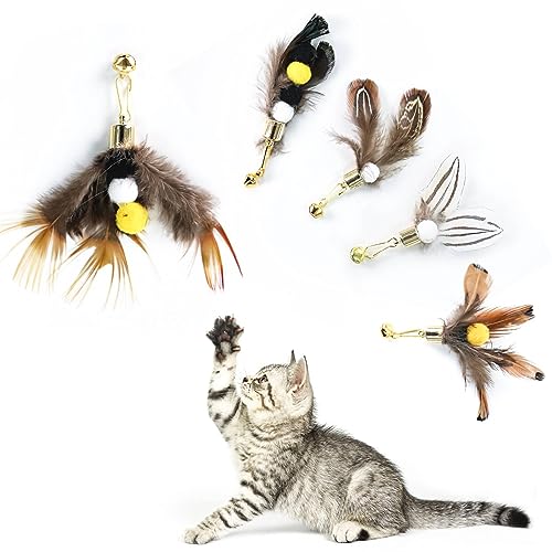Cat Insect Feather Toys Replacement Cat Toy Wand Refills, 6 Pieces Natural Insect Cat Toy Feathers Refill, Interactive Cat Teaser Wand Attachments, with Bell - color: Style 1