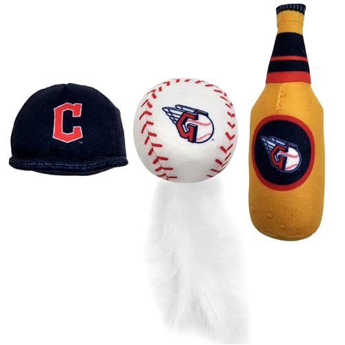 Pets First Best Plush CAT Toy - MLB Cleveland Guardians Complete Set of 3 Piece Cat Toys Filled with Fresh Catnip. Incld: 1 Baseball Cap Cat Toy, 1 Baseball Cat Toy with Feathers & 1 Beer Bottle. - color: Cleveland Guardians