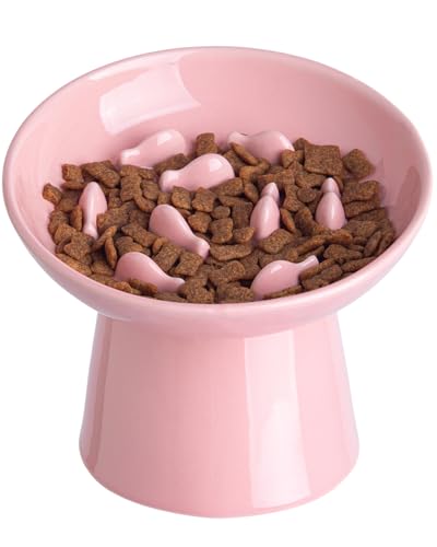 Ceramic Elevated Slow Feeder Cat Bowl - 6" Raised Cat Food Bowl for Bloat Relief & Anti-Vomiting, Whisker Friendly Ceramic Cat Slow Feeder for Indoor Cats, Kittens, Puppies - Pink(1pc) - color: Pink