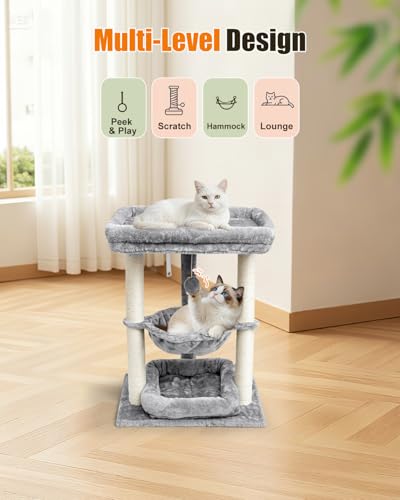 SYANDLVY Small Cat Tree for Indoor Cats with Top Perch Hammock & Bottom Bed - color: Grey