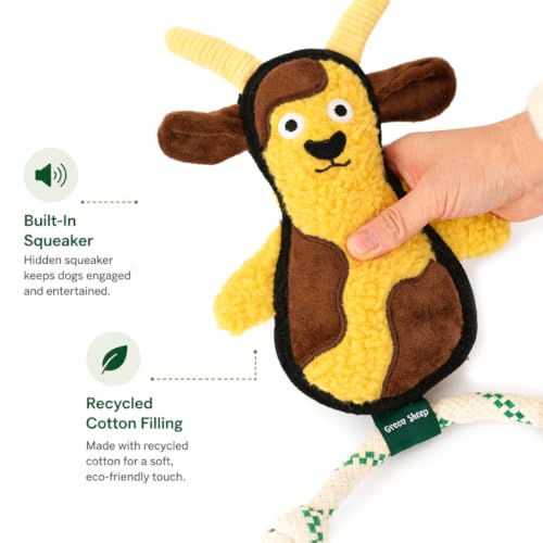 Green Sheep Squeaky Plush Dog Toy, Interactive Rope Toy with Recycled Materials for Tug, Fetch and Play, Medium to Large Dogs, Chew Toy, Goat - color: Goat