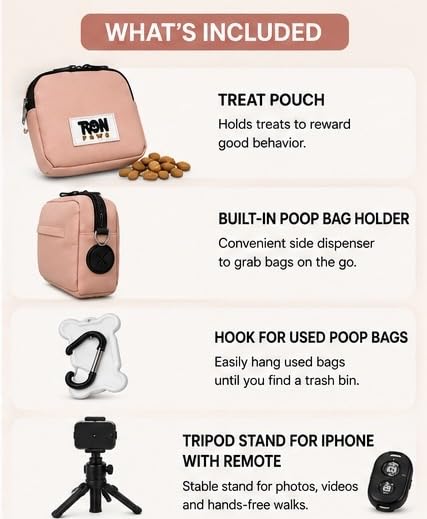 Hands-Free Dog Walking Crossbody for Training, Treat Pouch, Built-in Poop Bag Dispenser, Used Bag Hook & Bonus Tripod (Pink) - color: Blush Pink