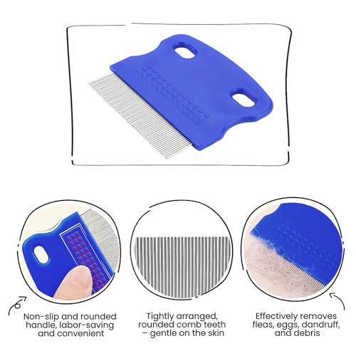 MEDUWEDU 5 Pack Flea & Lice Comb Set for Cats, Dogs & Kids – Stainless Steel Fine Tooth Nit Comb Kit with Double-Sided Tear Stain Remover, Grooming Brush & Peine para Piojos for Thick Hair (Blue) - color: Blue