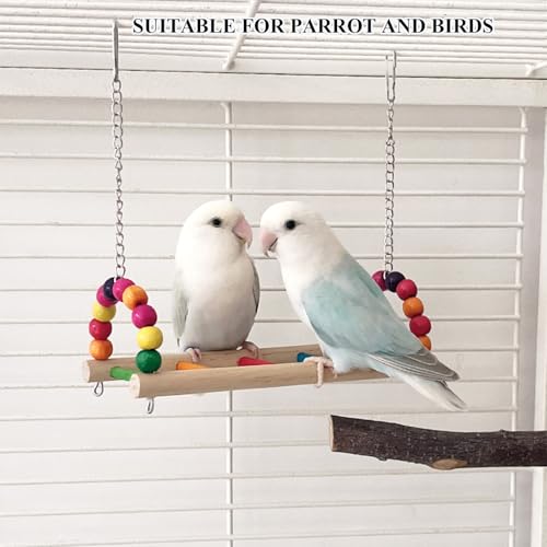 Bird Perch Platform Swing, Parrot Wooden Toys Bird Cage Accessories, Hanging Hammock Stand for Parrots, Parakeets, Budgies, Conures, Cockatiels & Lovebirds
