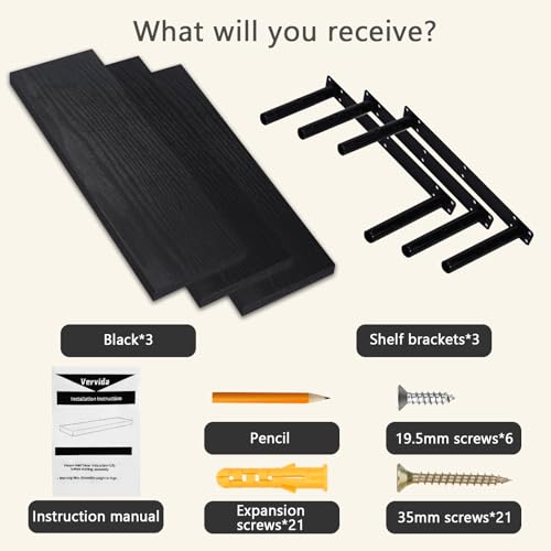 Vervida® Black Floating Wall Shelves 24in Deep Set of 3 Holds 37lbs - color: Black, size: 24x7.9 (3Pcs)