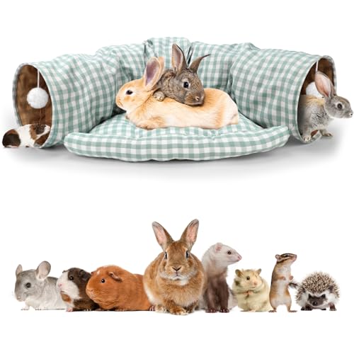BWOGUE Bunny Tunnel Bed, 2-in-1Collapsible Rabbit Tunnel Hideout with Mat - color: GreenPlaid