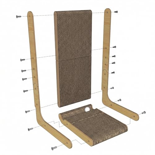 L-Shaped Cat Scratcher, 23.6in Vertical & Horizontal Cardboard Scratching Board with Solid Wood Frame, Stable Furniture Protector for Indoor Cats, Includes Toy Ball