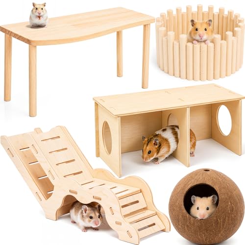 Novabright 5 Pcs Hamster Wooden Platform Set Including Hideout Climbing Tunnel Platform Coconut Hut Hamster Bed Flexible Fence Bridge Wooden House Cage Accessories for Small Animal Dwarf Syrian - style: Hideout Tunnel Set