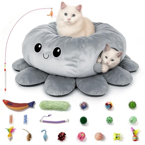 Cat Tunnel Bed for Indoor Cats, Peekaboo Cat Cave Bed, Grey - color: Grey