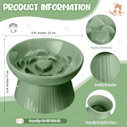 Tioncy 2 Pcs Ceramic Elevated Slow Feeder Cat Bowl, Sage Green - color: Sage Green