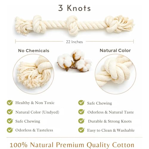 Dog Rope Toys for Large/Medium Aggressive Chewers, Tough Cotton Chew Toy, 22 Inch 3 Knots Indestructible, Tug of War Dog Pull Rope Teeth Cleaning (3 Knots) - size: 3 Knots