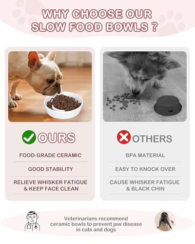 TRUVIC Ceramic Slow Feeder Dog Bowls Small Breed, 0.6 Cup Slow Feeder Cat Bowls for Fast Eaters, Ceramic Dog Food Dish no Black Chin, Puzzle Bowl for Small Dogs and Cats, White - color: 01-White, size: S-0.6 Cups