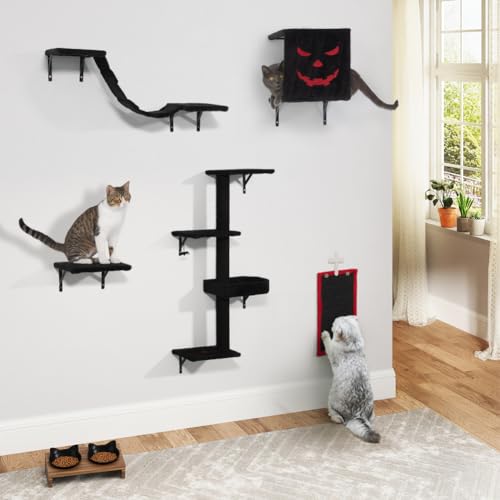 COZIWOW 5Pcs Wall Mount Cat Tree & Shelf Furniture for Cats, Black&Red - color: Red&Black