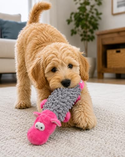 PawfectBabies HippoHugs Crinkle & Chew Toy for Dogs – Soft Plush Squeaky Dog Toy, Interactive Crinkle Toy for Small & Medium Dogs, Cute Pink & Grey Hippo Puppy Toy