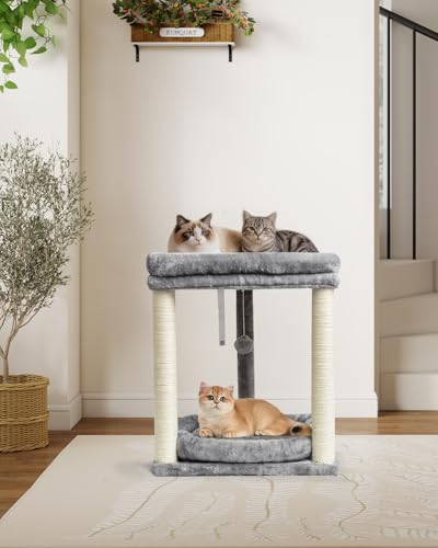 SYANDLVY Small Cat Tree with 2-Tier Perch Platforms, Scratching Post Tower - color: Grey